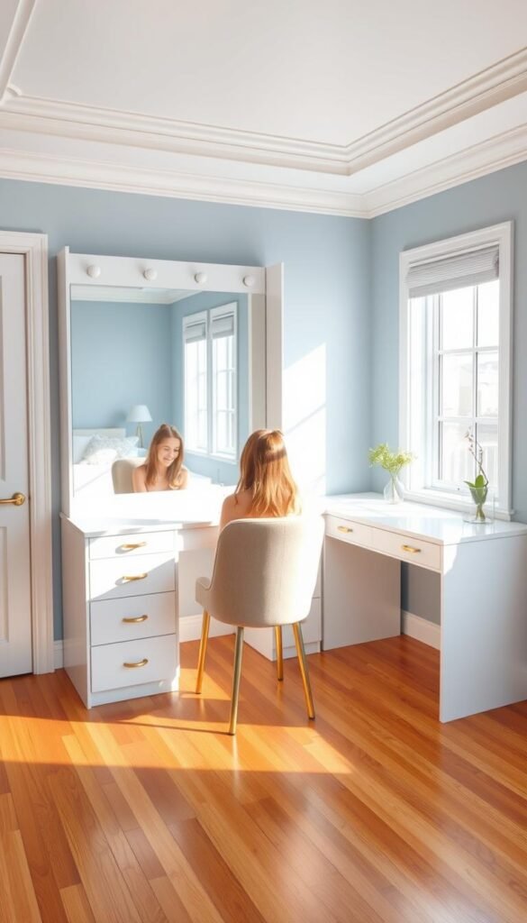 A well-lit, modern teen girl's vanity desk combo, positioned in a spacious, airy bedroom. Warm hardwood floors, pale blue walls, and abundant natural light create a serene, relaxing atmosphere. The vanity features a sleek, white surface, with a large, mirror-fronted cabinet above. A comfortable, plush chair sits before the vanity, inviting the girl to sit and prepare for her day. To the side, a matching, L-shaped desk provides ample workspace for studying or creative projects, seamlessly blending form and function. Subtle gold hardware and accents add a touch of elegance, while the clean, minimalist design allows the space to feel open and uncluttered.