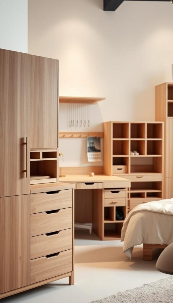 A well-lit studio setting showcasing a variety of smart wooden storage solutions. In the foreground, a clean-lined, minimalist wooden cabinet with sleek drawers and shelves. In the middle ground, a modern wooden desk with integrated organizers and cubbies. In the background, a wooden wall unit with a combination of open shelving and closed compartments. The lighting is soft and diffused, creating a warm, inviting atmosphere that highlights the natural beauty and functionality of the wooden designs. The overall composition emphasizes the elegant and efficient use of wood to maximize storage and organization in a bedroom setting.