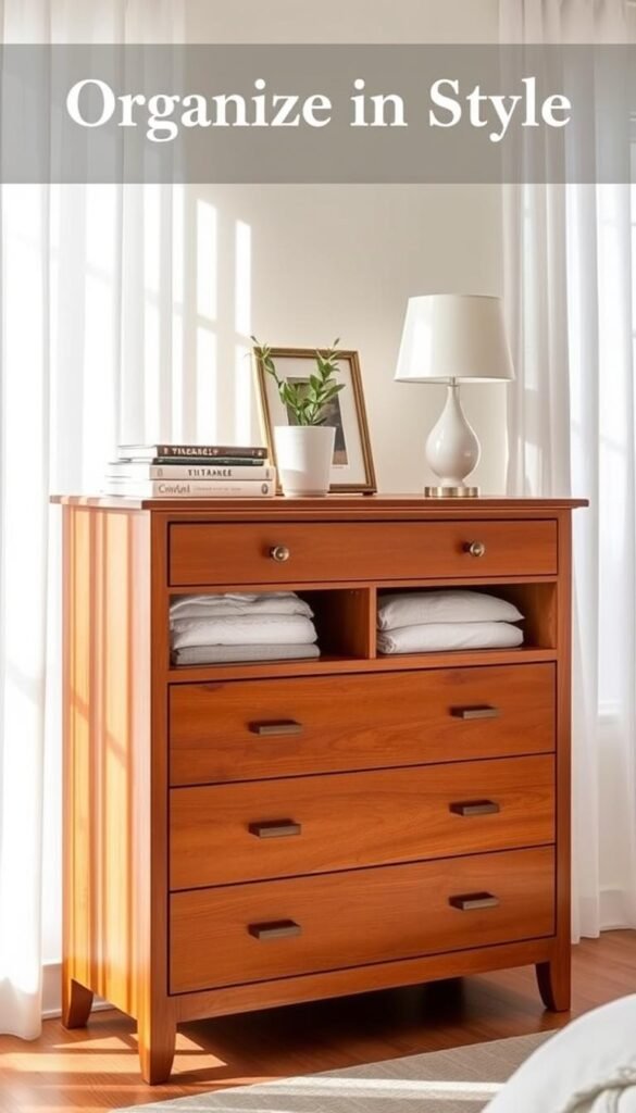 A well-organized and visually appealing bedroom dresser storage solution, featuring a classic wooden chest of drawers with clean lines and a rich, warm finish. The dresser stands in a serene, sun-drenched room, with soft, diffused lighting filtering through sheer curtains. The top of the dresser is adorned with a few carefully curated decorative items, including a potted plant and a minimalist lamp, creating a sense of balance and harmony. The drawers, each neatly organized and labeled, offer ample storage space for clothing, linens, and personal items, ensuring a clutter-free and visually pleasing bedroom environment. The overall atmosphere is one of refined elegance and thoughtful design, perfectly complementing the "Organize in Style" theme of the article.