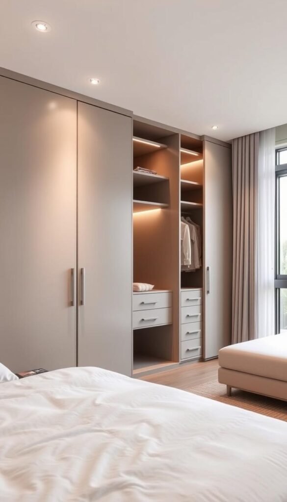 A well-organized, contemporary bedroom wardrobe with a minimalist aesthetic. The wardrobe features smooth, matte-finish sliding doors in a neutral tone, seamlessly blending with the surrounding wall. Sleek, custom-built shelves and drawers maximize storage space, creating a clutter-free, harmonious visual. Soft, diffused lighting from recessed ceiling fixtures casts a warm, inviting glow, highlighting the wardrobe's clean lines and modern design. The bedroom's neutral color palette, including soft grays and whites, complements the wardrobe's understated elegance. An abundance of natural light filters in through large windows, lending an airy, spacious ambiance to the entire scene.