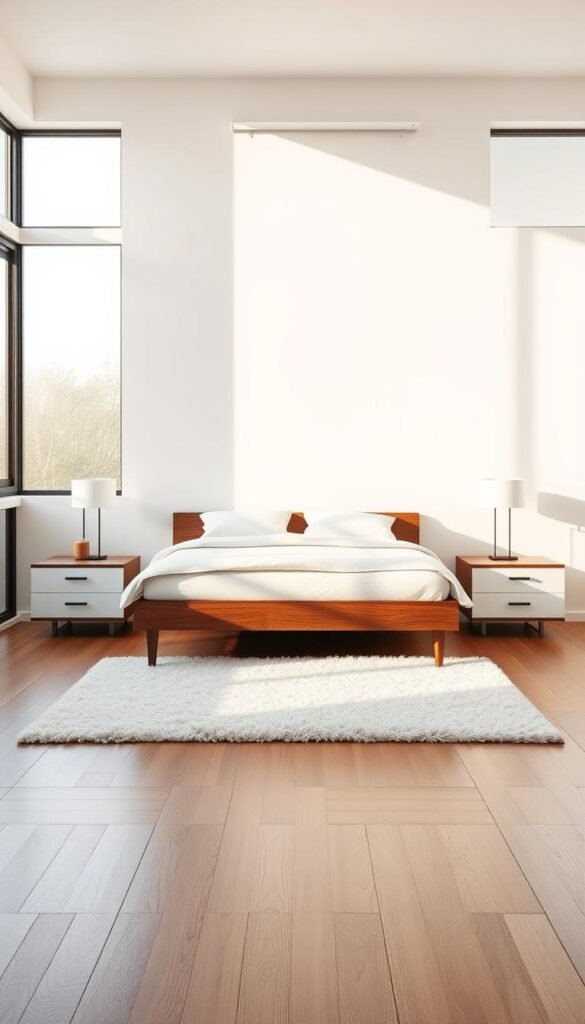 A well-organized, minimalist bedroom with a soothing color palette. Wooden floors and a plush, neutral-toned rug anchor the space. Against a white wall, a low-profile bed frame in dark wood is adorned with crisp, white bedding. A pair of sleek nightstands flank the bed, each featuring a simple lamp and a single decorative element. Abundant natural light streams in through large windows, casting a warm, diffused glow throughout the room. The overall atmosphere is one of tranquility and calm, perfectly suited for a modern, masculine sanctuary. A well-organized, minimalist bedroom with a soothing color palette. Wooden floors and a plush, neutral-toned rug anchor the space. Against a white wall, a low-profile bed frame in dark wood is adorned with crisp, white bedding. A pair of sleek nightstands flank the bed, each featuring a simple lamp and a single decorative element. Abundant natural light streams in through large windows, casting a warm, diffused glow throughout the room. The overall atmosphere is one of tranquility and calm, perfectly suited for a modern, masculine sanctuary.