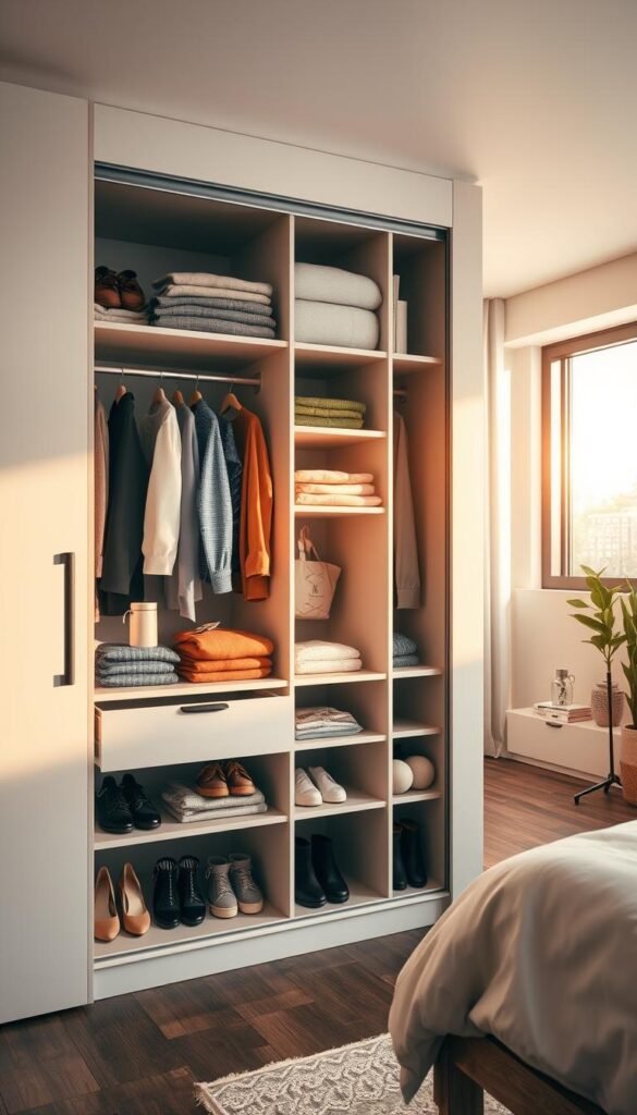 A well-organized, modern wardrobe with a sleek, minimalist aesthetic. The foreground features an open wardrobe displaying neatly folded clothes, accessories, and shoes in a harmonious color palette. The middle ground showcases a modular shelving system with adjustable compartments, allowing for customizable storage. In the background, the room is bathed in warm, natural light filtering through large windows, creating a sense of airiness and tranquility. The overall composition conveys an efficient, clutter-free solution for maximizing storage in a small bedroom space. A well-organized, modern wardrobe with a sleek, minimalist aesthetic. The foreground features an open wardrobe displaying neatly folded clothes, accessories, and shoes in a harmonious color palette. The middle ground showcases a modular shelving system with adjustable compartments, allowing for customizable storage. In the background, the room is bathed in warm, natural light filtering through large windows, creating a sense of airiness and tranquility. The overall composition conveys an efficient, clutter-free solution for maximizing storage in a small bedroom space.