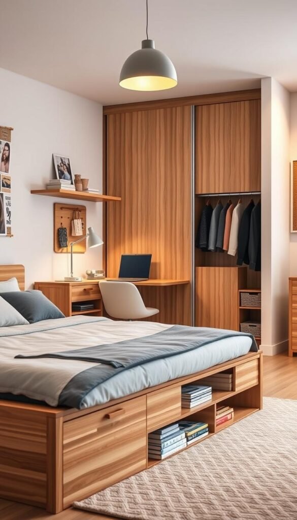 A well-organized teen girl's bedroom with smart storage solutions. In the foreground, a wooden platform bed with built-in drawers and shelves underneath, providing ample space for books, trinkets, and clothing. In the middle ground, a sleek desk with a floating shelf above, housing a laptop, desk lamp, and organization cubbies. The background features a modern, minimalist wardrobe with sliding doors, complemented by a cork board for pinning up inspirational photos and notes. Warm, diffused lighting from a pendant fixture casts a cozy, inviting glow over the entire scene. The overall atmosphere is calm, organized, and reflective of a tidy, functional living space.