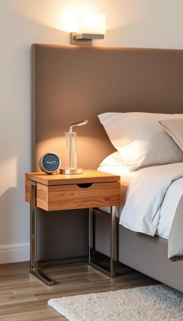 A well-proportioned bedside table with a sleek, contemporary design. It features a solid wood top in a warm, natural finish, supported by clean-lined metal legs in a brushed nickel hue. The table is perfectly sized to fit seamlessly beside a standard queen-size bed, providing ample surface area for a table lamp, alarm clock, and a few personal items. Soft, ambient lighting from a modern sconce above casts a gentle glow, creating a cozy, inviting atmosphere in the bedroom. Shot from a slight angle to showcase the table's elegant lines and balanced proportions, with a muted, neutral color palette that complements the serene, minimalist decor.