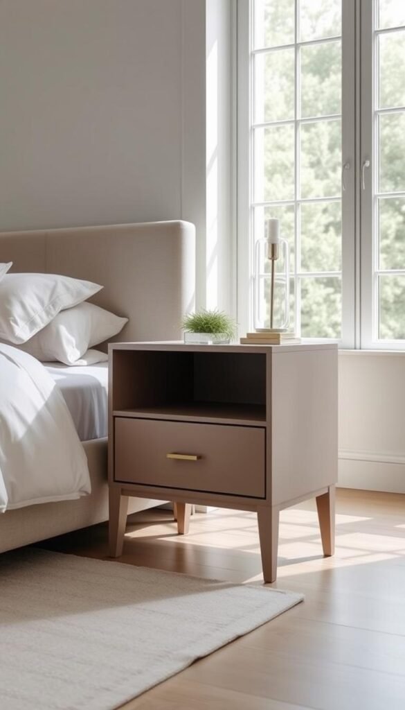 An affordable modern nightstand from Nathan James, showcased in a well-lit bedroom setting. The nightstand has a clean, rectangular silhouette with a smooth, matte-finished surface in a neutral tone. Sleek, minimalist legs provide a sturdy foundation. Subtle accents, such as gentle beveled edges, add visual interest. The nightstand is positioned next to a plush upholstered bed, complementing the room's minimalist yet elegant decor. Soft, natural lighting filters in through large windows, creating a warm, inviting ambiance. The scene conveys a sense of understated sophistication and accessible, high-quality design.