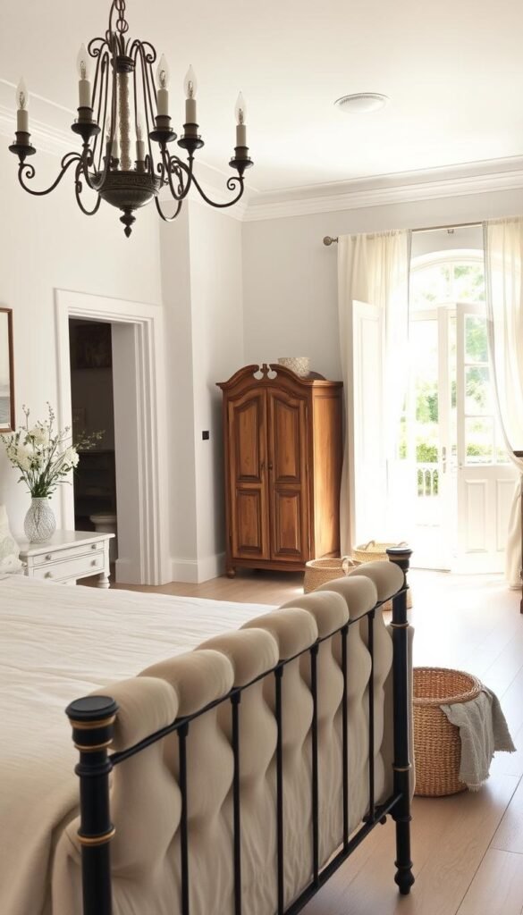 An elegant French country bedroom with a modern twist. A sun-drenched room with soft, muted tones - white walls, light wood floors, and soft cream textiles. In the foreground, a plush, tufted linen headboard frames a wrought-iron bed. Delicate floral accents in a vase on the nightstand, and a vintage-inspired chandelier casts a warm glow. In the middle ground, a rustic wooden dresser and armoire stand, complemented by textural woven baskets. The background reveals an open French door leading to a private garden, with wispy curtains billowing in the breeze.