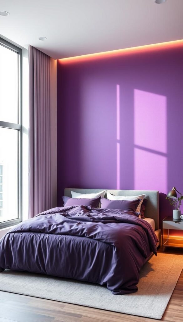 An elegant, modern purple accent wall in a cozy bedroom with a large window letting in soft, natural light. The wall has a subtle texture, creating depth and dimension. A plush, grey upholstered bed sits in the center, adorned with luxurious purple and white linens. Warm, indirect lighting from hidden sources casts a soothing glow, complementing the rich purple hues. Minimal, tasteful decor, such as a modern nightstand and a potted plant, add to the serene and sophisticated atmosphere. The overall mood is one of tranquility and refined style.