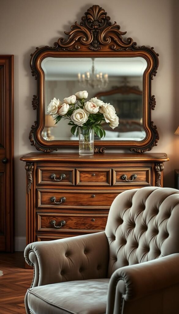 An elegant vintage bedroom set, adorned with timeless charm. A sturdy oak dresser with intricate carvings stands as the centerpiece, its weathered finish exuding a sense of history. Atop it, a delicate glass vase holds a bouquet of fragrant peonies, casting a soft glow in the warm, ambient lighting. In the foreground, a plush velvet armchair invites relaxation, its button-tufted upholstery complementing the room's muted color palette. In the background, a large, ornate mirror reflects the scene, adding depth and a touch of Parisian flair. The overall atmosphere is one of refined sophistication, seamlessly blending the past and present.
