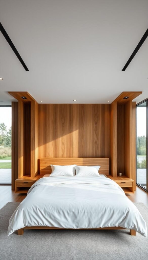 An elegant wooden bed in a modern, minimalist bedroom. The bed frame is crafted from rich, warm-toned oak, its clean lines and simple geometric design evoking a sense of understated sophistication. Soft, diffused lighting from recessed ceiling fixtures casts a gentle glow, highlighting the natural wood grain and creating a cozy, inviting atmosphere. The bed is dressed with crisp, white bedding, complementing the room's neutral color palette. In the background, a large window offers a glimpse of a serene outdoor landscape, blending the indoor and outdoor spaces seamlessly. The overall composition exudes a tranquil, harmonious ambiance, perfect for a modern, refined bedroom design.