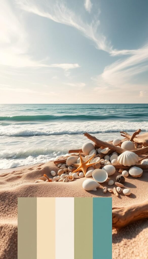An idyllic coastal color palette, bathed in warm, golden sunlight filtering through wispy clouds. In the foreground, a soothing palette of soft blues, greens, and sandy tones evokes the tranquility of lapping waves. In the middle ground, a vibrant array of seashells and driftwood in earthy hues add tactile interest. The background showcases a serene horizon line, where the boundless sky meets the calm, azure ocean. Captured with a wide-angle lens, this scene radiates a sense of balance, harmony, and the rejuvenating essence of a modern beach retreat. An idyllic coastal color palette, bathed in warm, golden sunlight filtering through wispy clouds. In the foreground, a soothing palette of soft blues, greens, and sandy tones evokes the tranquility of lapping waves. In the middle ground, a vibrant array of seashells and driftwood in earthy hues add tactile interest. The background showcases a serene horizon line, where the boundless sky meets the calm, azure ocean. Captured with a wide-angle lens, this scene radiates a sense of balance, harmony, and the rejuvenating essence of a modern beach retreat.