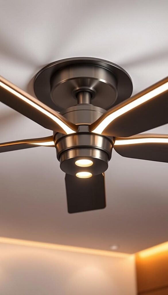 An intricate, modern ceiling fan with sleek, integrated LED lighting fixtures, suspended from a minimalist, recessed ceiling. The fan blades are composed of clean, linear lines, finished in a matte, brushed metal tone that seamlessly blends with the surrounding architectural elements. The lighting casts a warm, ambient glow, illuminating the room with a cozy, inviting atmosphere. Precise, elegant angles and proportions create a balanced, harmonious design that effortlessly elevates the bedroom's aesthetic. Crisp, high-contrast shadows and highlights accentuate the sculptural, three-dimensional form of the fixture, captured from a dynamic, low perspective to emphasize its striking, central presence.