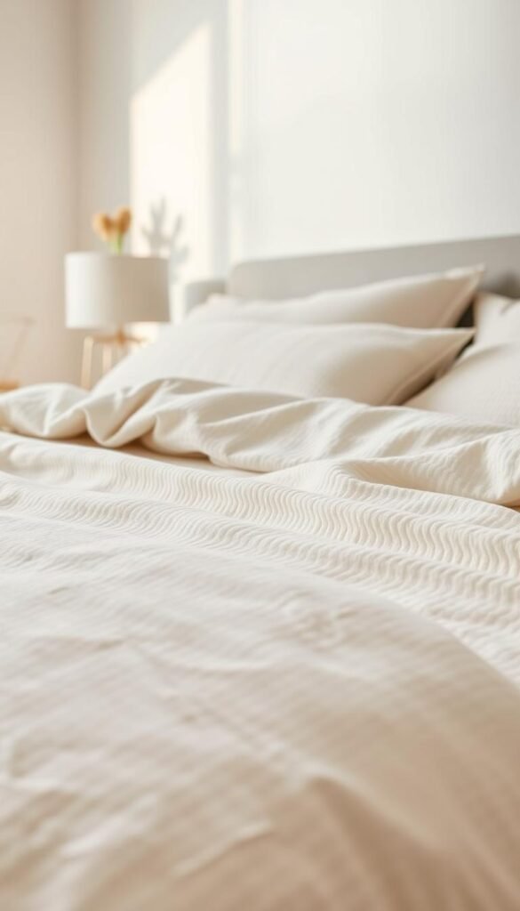 An inviting textured off-white bedding set with a soft, cozy appeal fills the frame. The bedding features a subtle tone-on-tone pattern that adds depth and visual interest, creating a serene and harmonious atmosphere. The lighting is soft and diffused, casting a warm glow that enhances the natural tones of the bedding. The camera angle is positioned to capture the bedding in a close-up, emphasizing the luxurious textures and creating a sense of intimacy. Surrounding the bedding, a minimalist, neutral-toned bedroom with clean lines and understated decor completes the tranquil, modern aesthetic, evoking a calming and restful ambiance.