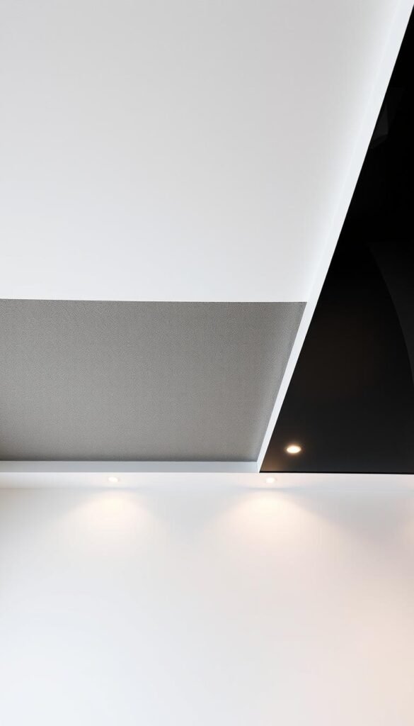 Ceiling color and finish options: a modern aesthetic bedroom. A serene, well-lit space showcasing an array of contemporary ceiling treatments. In the foreground, a sleek, minimalist white ceiling with a smooth, satin-like sheen, creating a sense of tranquility. In the middle ground, a textured, matte gray ceiling adds depth and visual interest, complementing the neutral color palette. The background features a striking, high-gloss black ceiling, reflecting the soft, warm lighting above, lending an air of sophistication. Carefully positioned lighting fixtures cast a gentle, even glow, highlighting the diverse finishes and their interplay. The overall atmosphere exudes a harmonious, refined elegance, perfectly suited for a modern, aesthetically-driven bedroom design.