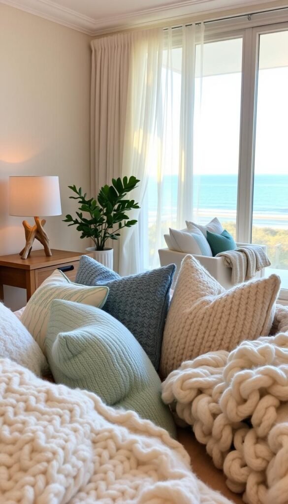 Coastal bedroom with a serene, airy atmosphere. In the foreground, plush, textured pillows in soft shades of blue, green, and cream adorn a cozy bed, accented by chunky knit throws in complementary hues. The middle ground features a wooden side table with a potted plant and a driftwood-inspired lamp, casting a warm, natural glow. In the background, sheer curtains billow gently, framing a scenic view of the ocean through large windows, bathed in golden afternoon light. The overall vibe is one of relaxation and harmony, evoking the calming essence of a beachside retreat. Coastal bedroom with a serene, airy atmosphere. In the foreground, plush, textured pillows in soft shades of blue, green, and cream adorn a cozy bed, accented by chunky knit throws in complementary hues. The middle ground features a wooden side table with a potted plant and a driftwood-inspired lamp, casting a warm, natural glow. In the background, sheer curtains billow gently, framing a scenic view of the ocean through large windows, bathed in golden afternoon light. The overall vibe is one of relaxation and harmony, evoking the calming essence of a beachside retreat.
