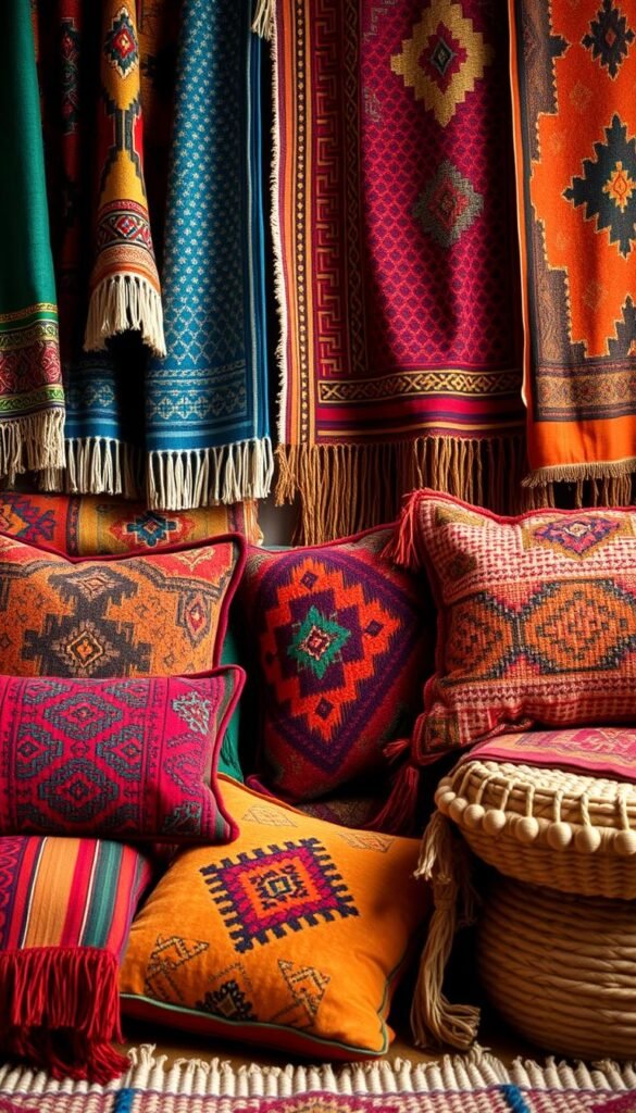 Colorful Moroccan textiles with intricate patterns and vibrant hues. A lush, layered composition showcasing an array of woven fabrics, plush cushions, and woven rugs. Warm, earthy tones of terracotta, ochre, and deep reds mingle with cool blues and greens. Soft, diffused lighting illuminates the rich textures and detailed motifs, creating a cozy, welcoming atmosphere. The arrangement is photographed from a mid-level angle, capturing the depth and visual interest of the textiles. An inviting scene that evokes the exotic allure of Moroccan design. Colorful Moroccan textiles with intricate patterns and vibrant hues. A lush, layered composition showcasing an array of woven fabrics, plush cushions, and woven rugs. Warm, earthy tones of terracotta, ochre, and deep reds mingle with cool blues and greens. Soft, diffused lighting illuminates the rich textures and detailed motifs, creating a cozy, welcoming atmosphere. The arrangement is photographed from a mid-level angle, capturing the depth and visual interest of the textiles. An inviting scene that evokes the exotic allure of Moroccan design.