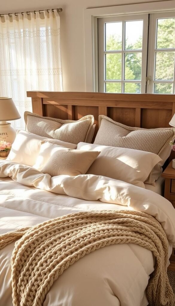 Cozy cottage bedding setup with soft, plush comforter in neutral tones, piled high with oversized pillows in woven textures. Sunlight filters through lace curtains, casting a warm glow on the wooden headboard and rustic nightstands. Delicate floral accents and a cozy knit throw add layers of texture and visual interest. The scene exudes a sense of relaxation and comfort, inviting the viewer to sink into the serene, picturesque setting. Cozy cottage bedding setup with soft, plush comforter in neutral tones, piled high with oversized pillows in woven textures. Sunlight filters through lace curtains, casting a warm glow on the wooden headboard and rustic nightstands. Delicate floral accents and a cozy knit throw add layers of texture and visual interest. The scene exudes a sense of relaxation and comfort, inviting the viewer to sink into the serene, picturesque setting.