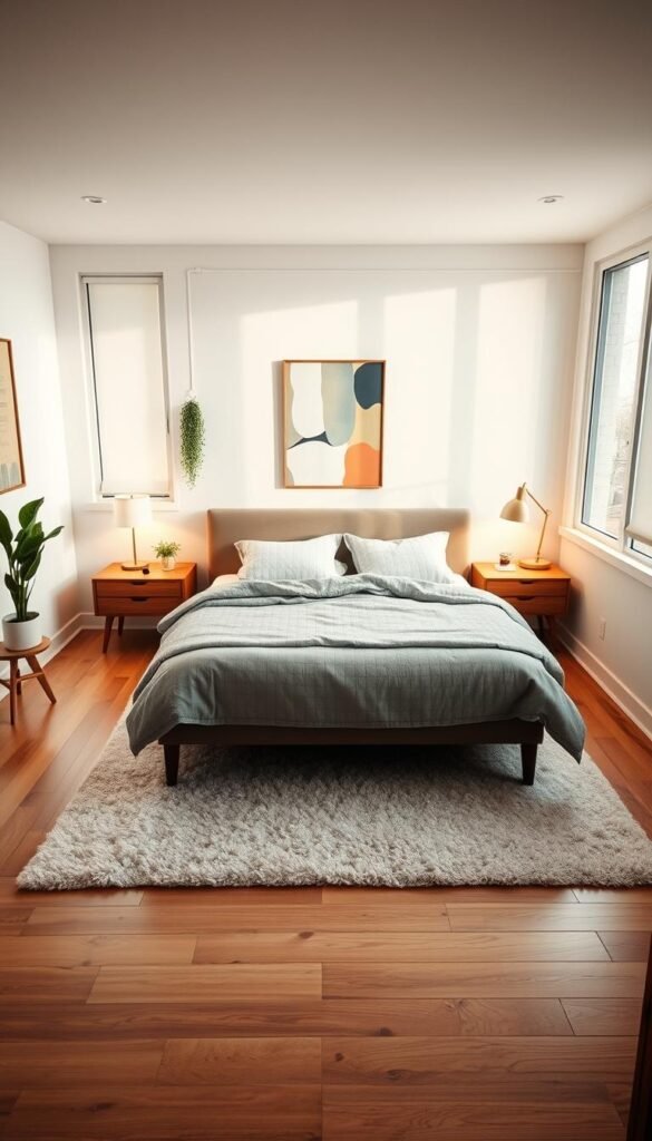 Cozy mid-century modern bedroom with warm, soft lighting. A clean, minimalist layout focused on function and flow. The bed is the centerpiece, flanked by matching nightstands and task lamps. Carefully curated decor, like a hanging plant and abstract artwork, create visual interest. Wooden floors and a plush area rug ground the space. Large windows allow natural light to fill the room, creating a serene, airy atmosphere. The overall aesthetic is calming and inviting, emphasizing relaxation and comfort. Captured from a slight overhead angle to showcase the balanced, optimized layout.