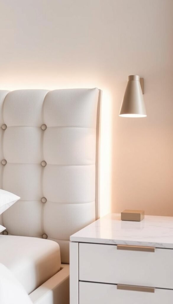 Crisp, modern bedroom set with a tufted linen headboard in a soothing pastel hue. The headboard is complemented by a matching nightstand with sleek, minimalist lines and a marble or wood-grain top. Soft, even lighting from a sconce or pendant casts a warm, ambient glow, creating a calming, relaxing atmosphere. The furniture is photographed from a slightly elevated angle, showcasing the elegant, refined design. Muted color tones and clean, uncluttered styling reflect the serene, minimalist aesthetic of a modern pastel-themed bedroom.