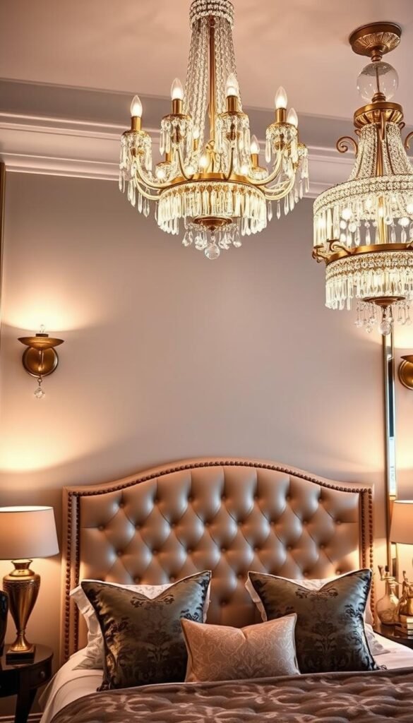 Elegant and captivating lighting fixtures adorn a luxurious glam bedroom. Dramatic chandeliers with cascading crystals illuminate the space, casting a warm, inviting glow. Exquisite wall sconces flank a sumptuous tufted headboard, their polished metallic frames reflecting the ambient light. Strategically placed track lighting spotlights a dazzling array of vases, sculptures, and artwork, highlighting the room's high-end aesthetic. Soft, dimmable lighting sets the mood for a relaxing and indulgent atmosphere, perfect for a modern glam retreat.