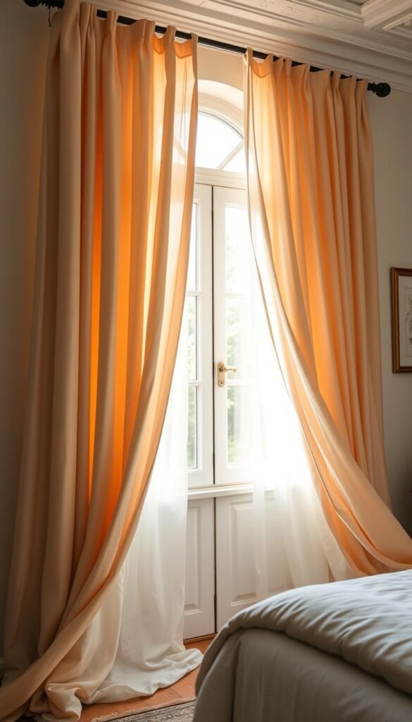 Elegant flowing curtains in a soft, airy fabric gently swaying in the gentle breeze, bathed in warm, natural light filtering through the windows. The curtains cascade gracefully, creating a sense of serenity and coziness in the modern French country-inspired bedroom. The scene is captured with a wide-angle lens, showcasing the curtains' movement and the inviting atmosphere of the space. The lighting is soft and diffused, lending a soothing, tranquil mood to the image. Elegant flowing curtains in a soft, airy fabric gently swaying in the gentle breeze, bathed in warm, natural light filtering through the windows. The curtains cascade gracefully, creating a sense of serenity and coziness in the modern French country-inspired bedroom. The scene is captured with a wide-angle lens, showcasing the curtains' movement and the inviting atmosphere of the space. The lighting is soft and diffused, lending a soothing, tranquil mood to the image.