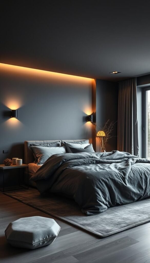 Elegant grey bedroom with warm and inviting color combinations. Soft, muted tones of charcoal, slate, and pewter create a serene, sophisticated ambiance. Plush bedding, sumptuous fabrics, and natural textures like wood and stone accentuate the minimalist, yet cozy aesthetic. Warm lighting from sleek sconces and a large window floods the room with a gentle glow, casting subtle shadows and highlights. The overall atmosphere is one of understated luxury and tranquility, perfectly suited for a modern, relaxing retreat.