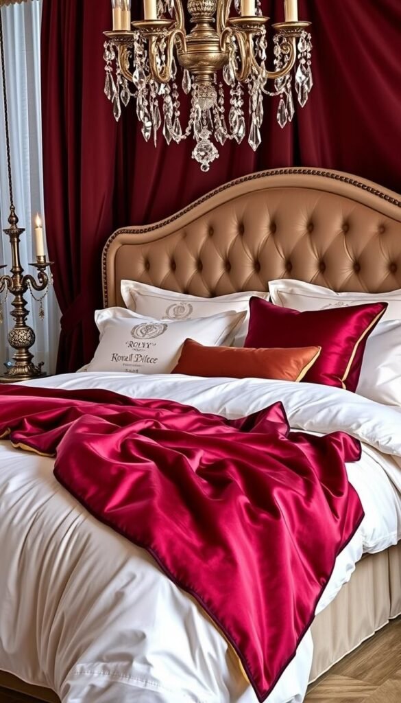 Elegant royal bedding in a lush, opulent bedroom. Plush, tufted headboard in a rich, velvety fabric. Crisp, white cotton sheets and pillowcases, accented by ornate gold embroidery. Sumptuous silk duvet cover in a regal, deep burgundy hue, draped effortlessly. Lavish throw pillows in complementary jewel-toned velvets. Soft lighting from ornate candelabras and a crystal chandelier casts a warm, magical glow. The scene exudes an air of timeless luxury and refined sophistication, fit for a modern princess. Elegant royal bedding in a lush, opulent bedroom. Plush, tufted headboard in a rich, velvety fabric. Crisp, white cotton sheets and pillowcases, accented by ornate gold embroidery. Sumptuous silk duvet cover in a regal, deep burgundy hue, draped effortlessly. Lavish throw pillows in complementary jewel-toned velvets. Soft lighting from ornate candelabras and a crystal chandelier casts a warm, magical glow. The scene exudes an air of timeless luxury and refined sophistication, fit for a modern princess.