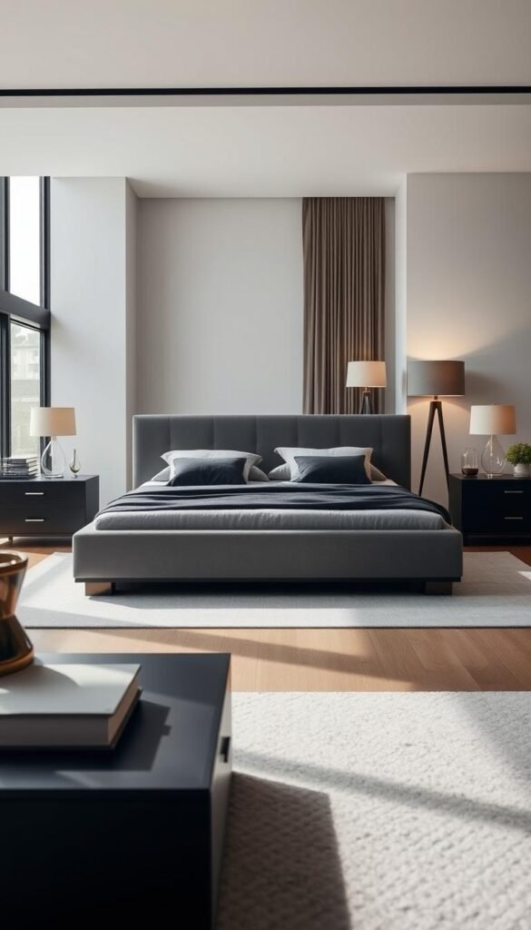 High-end contemporary bedroom furniture in a modern minimalist setting. A large king-size platform bed with a plush gray upholstered headboard takes center stage, flanked by sleek nightstands with subtle metallic accents. A low-profile dresser with clean lines and integrated handles stands in the middle ground, while a stylish armchair and a floor lamp create a cozy reading nook in the background. Soft, diffused lighting filters through large windows, casting a warm glow over the muted color palette of whites, grays, and natural wood tones. The overall atmosphere is one of understated elegance and relaxed sophistication. High-end contemporary bedroom furniture in a modern minimalist setting. A large king-size platform bed with a plush gray upholstered headboard takes center stage, flanked by sleek nightstands with subtle metallic accents. A low-profile dresser with clean lines and integrated handles stands in the middle ground, while a stylish armchair and a floor lamp create a cozy reading nook in the background. Soft, diffused lighting filters through large windows, casting a warm glow over the muted color palette of whites, grays, and natural wood tones. The overall atmosphere is one of understated elegance and relaxed sophistication.