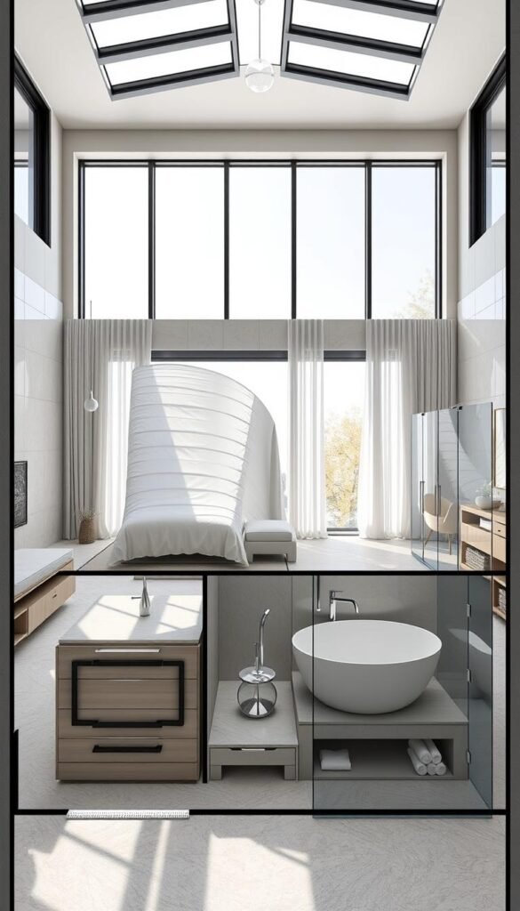 High-end master suite layout design showcasing a luxurious, modern aesthetic. An expansive bedroom with natural light flooding in through floor-to-ceiling windows, illuminating a plush, king-sized bed with crisp, white linens. A spacious, ensuite bathroom with a deep, freestanding bathtub, sleek vanity, and a walk-in shower encased in frameless glass. The bedroom and bathroom are separated by a dressing area with ample built-in closet space and a makeup vanity. The overall layout emphasizes open, airy spaces and seamless flow, creating a serene, spa-like atmosphere perfect for a couple's ultimate retreat.