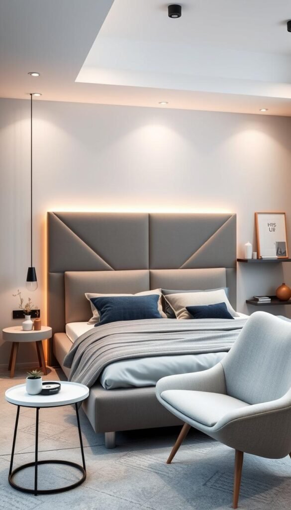 Innovative teen girl bed and headboard designs: A cozy, modern bedroom showcasing a sleek, geometric headboard in muted tones, complemented by a plush, minimalist bed frame. Soft, indirect lighting creates a serene ambiance, highlighting the clean lines and textural elements. In the foreground, a stylish side table and reading nook with a comfy, oversized chair invite relaxation. The background features a wall-mounted, floating nightstand and minimalist decor accents, all contributing to a harmonious, elevated aesthetic.