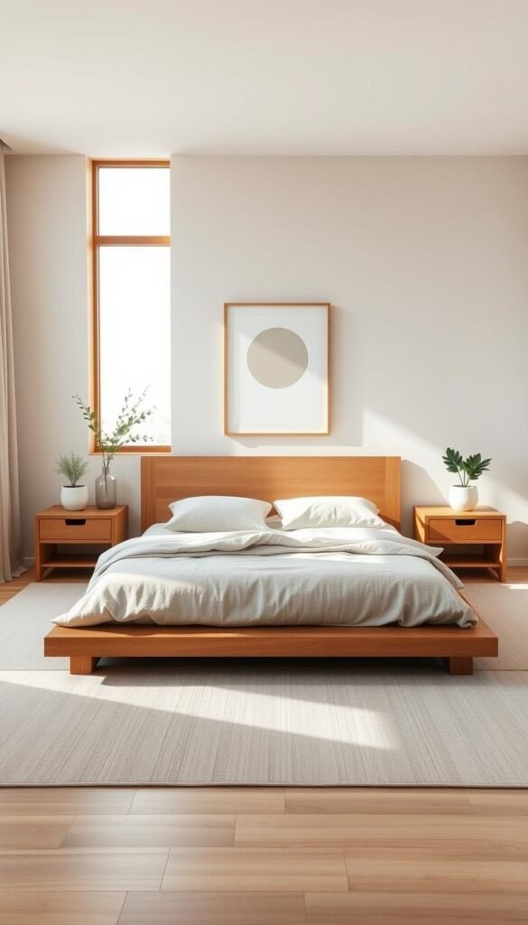 Japandi neutral color palette, a serene and minimalist bedroom scene. Soft, muted tones of beige, grey, and white create a calming atmosphere. Warm wood accents, natural fibers, and clean lines define the Japandi aesthetic. Diffused, natural lighting filters in through large windows, casting a gentle glow. A low platform bed with crisp linen bedding sits centered, flanked by simple nightstands. Potted plants and a zen-inspired artwork adorn the space, completing the tranquil, harmonious composition. The camera captures this scene from a slightly elevated angle, emphasizing the balance and simplicity of the design.