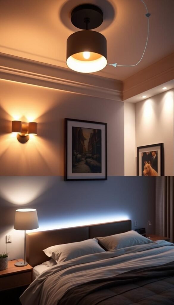 Layered and adaptive bedroom lighting design showcasing a harmonious blend of warm ambient illumination, focused task lighting, and accent highlights. A central ceiling-mounted pendant fixture casts a soft, diffused glow across the space, complemented by strategic wall-mounted sconces that create a cozy, inviting atmosphere. Recessed spotlights accentuate key architectural features and artwork, while a bedside table lamp provides a pool of light for reading and relaxation. Subtle LED strips outline the bed frame, adding depth and drama. The overall lighting scheme is both aesthetically pleasing and functional, allowing for versatile lighting control to suit any mood or activity.