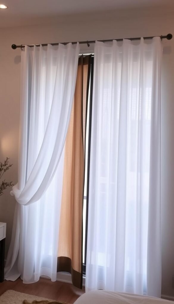 Layered curtain ideas: a modern bedroom scene with a sheer curtain panel in the foreground, draped elegantly over a blackout curtain panel in the middle ground, casting a soft, diffused light throughout the room. The curtains are hung from a sleek, minimalist curtain rod, creating a harmonious and customizable light control setup. The room has a warm, cozy atmosphere, with subtle lighting accents and a muted color palette. The camera angle is slightly elevated, capturing the layered curtain design in a visually compelling way.