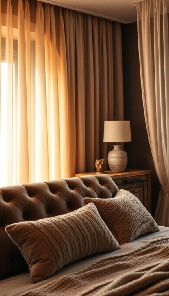 Layered textures adorn a cozy, inviting bedroom. In the foreground, a plush, tufted headboard in a deep, rich velvet texture commands attention. Soft, woven throw pillows and a knitted blanket add depth and warmth. The middle ground features a wooden nightstand with a textured, weathered finish, complemented by a sculptural, ceramic lamp. In the background, a sheer, gossamer curtain billows gently, creating a dreamy, ethereal atmosphere. Warm, diffused lighting casts a golden glow, evoking a sense of calm and relaxation. The overall scene exudes a modern luxe aesthetic, perfect for a master suite in 2026. Layered textures adorn a cozy, inviting bedroom. In the foreground, a plush, tufted headboard in a deep, rich velvet texture commands attention. Soft, woven throw pillows and a knitted blanket add depth and warmth. The middle ground features a wooden nightstand with a textured, weathered finish, complemented by a sculptural, ceramic lamp. In the background, a sheer, gossamer curtain billows gently, creating a dreamy, ethereal atmosphere. Warm, diffused lighting casts a golden glow, evoking a sense of calm and relaxation. The overall scene exudes a modern luxe aesthetic, perfect for a master suite in 2026.