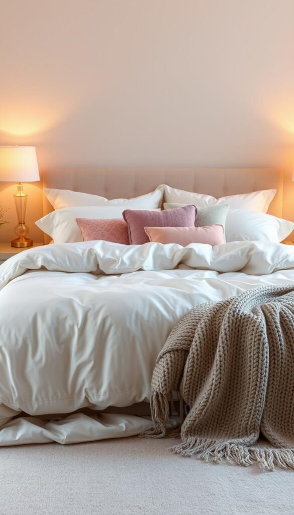 Luxurious plush bedding in a soft, feminine bedroom. A large king-size bed with fluffy, cloud-like duvet in a neutral ivory tone, accented by a mix of textured throw pillows in shades of blush and light grey. Crisp, high-quality satin sheets and a cozy knit blanket at the foot of the bed. Warm, diffused lighting from a pair of elegant glass table lamps casts a gentle glow, creating a serene, relaxing ambiance. The overall scene exudes a sense of comfort, sophistication, and timeless elegance.