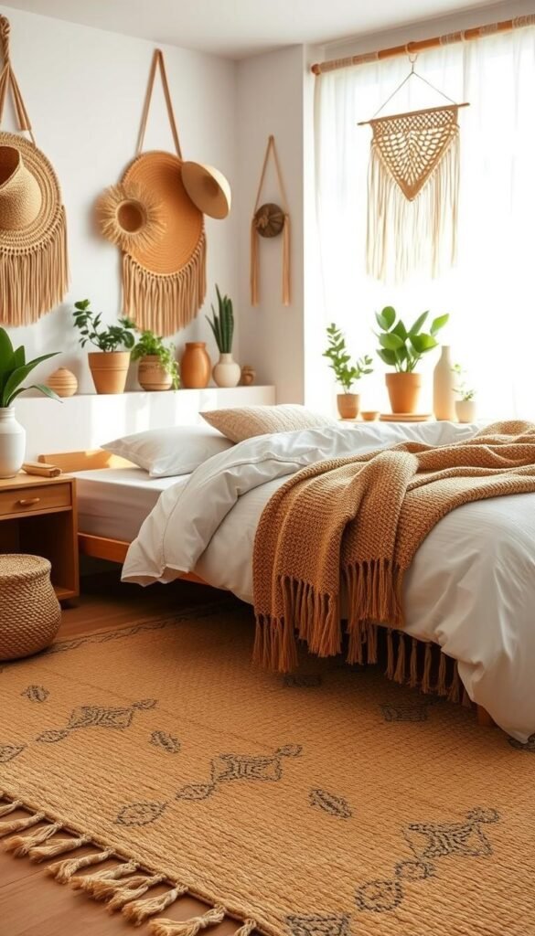 Natural fiber rug with woven patterns and tasseled edges, situated in a cozy bohemian-inspired bedroom. Warm, diffused lighting illuminates the space, casting a soft, inviting glow. The rug's earthy tones and organic textures anchor the room, complementing the neutral bedding, textured throws, and wooden accents. Potted plants, woven baskets, and macrame wall hangings add to the boho-chic ambiance, creating a serene and harmonious atmosphere. Natural fiber rug with woven patterns and tasseled edges, situated in a cozy bohemian-inspired bedroom. Warm, diffused lighting illuminates the space, casting a soft, inviting glow. The rug's earthy tones and organic textures anchor the room, complementing the neutral bedding, textured throws, and wooden accents. Potted plants, woven baskets, and macrame wall hangings add to the boho-chic ambiance, creating a serene and harmonious atmosphere.