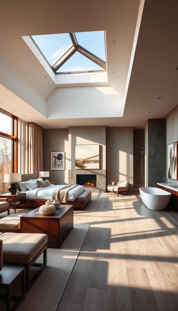 Prompt A luxurious master suite sanctuary, bathed in warm, natural light filtering through large windows. A spacious, open-concept layout with a plush, king-size bed adorned in high-thread-count linens. Elegant, contemporary furniture pieces in rich, dark wood tones. Cozy seating area with a modern fireplace and abstract artwork on the walls. Expansive en-suite bathroom with a freestanding soaking tub, double vanity, and a glass-enclosed rain shower. Soft, muted color palette of grays, whites, and natural wood tones creates a serene, spa-like atmosphere. Indirect lighting and large skylights lend an airy, relaxing ambiance to this tranquil, couple's retreat.