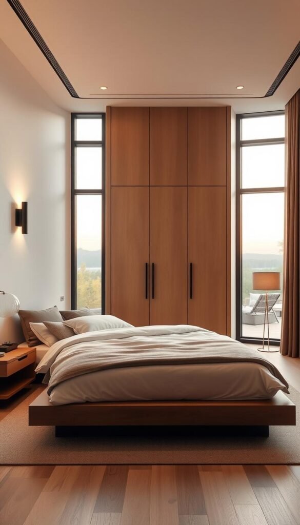 Prompt A modern, minimalist bedroom interior design with a warm, inviting atmosphere. The room features clean lines, neutral color palette, and natural textures. In the foreground, a low-profile platform bed with plush bedding and nightstands on either side. The middle ground showcases a tall, built-in wardrobe with sleek, recessed handles. The background depicts large windows overlooking a serene outdoor view, allowing ample natural light to flood the space. Subtle accent lighting, such as wall sconces and a freestanding lamp, create a cozy ambiance. The overall composition conveys a sense of calm, sophistication, and harmonious balance. Prompt A modern, minimalist bedroom interior design with a warm, inviting atmosphere. The room features clean lines, neutral color palette, and natural textures. In the foreground, a low-profile platform bed with plush bedding and nightstands on either side. The middle ground showcases a tall, built-in wardrobe with sleek, recessed handles. The background depicts large windows overlooking a serene outdoor view, allowing ample natural light to flood the space. Subtle accent lighting, such as wall sconces and a freestanding lamp, create a cozy ambiance. The overall composition conveys a sense of calm, sophistication, and harmonious balance.