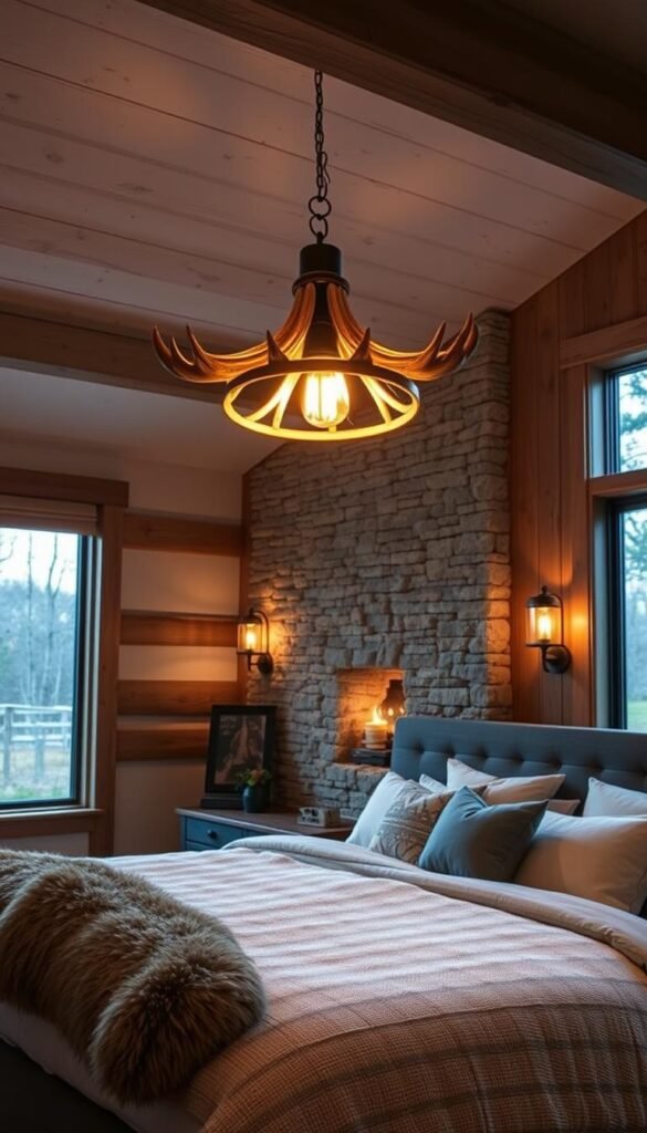 Rustic modern bedroom with warm, ambient lighting. A cozy, inviting space with natural wood accents, plush textiles, and a mix of traditional and contemporary lighting fixtures. Soft, golden illumination emanates from a pendant lamp with an antler-inspired design, casting a gentle glow over the room. Sconces with exposed bulbs line the walls, creating pockets of light that highlight the textured, stone-clad feature wall. Large windows allow natural light to stream in, blending seamlessly with the artificial sources. An overall atmosphere of rustic elegance and relaxation.