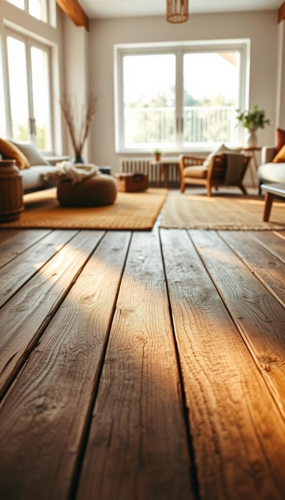 Rustic wooden floorboards, weathered and worn, stretch across the frame. Layered area rugs in earthy tones of ochre, sienna, and moss green create a cozy, textural foundation. Soft, diffused lighting filters in from large windows, casting a warm, golden glow. The overall atmosphere is one of understated elegance and lived-in comfort, reflecting the blend of rustic and modern design. The composition emphasizes the interplay of natural materials, inviting the viewer to imagine themselves in this serene, inviting space.