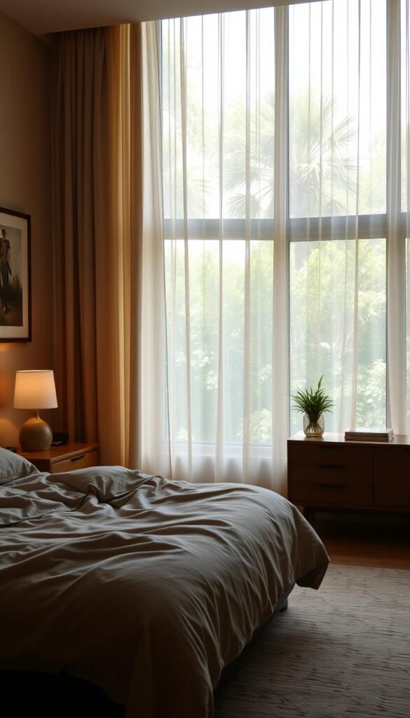 Serene bedroom atmosphere with warm, diffused lighting filtering through sheer curtains, casting a gentle glow over a mid-century modern space. Plush, neutral-toned bedding, a wooden nightstand with a vintage lamp, and a large framed artwork above the bed create a calming, inviting ambiance. The room is spacious yet cozy, with a large window overlooking a lush, verdant garden. The atmosphere evokes a sense of tranquility and relaxation, perfect for unwinding and enjoying a peaceful respite from the outside world.