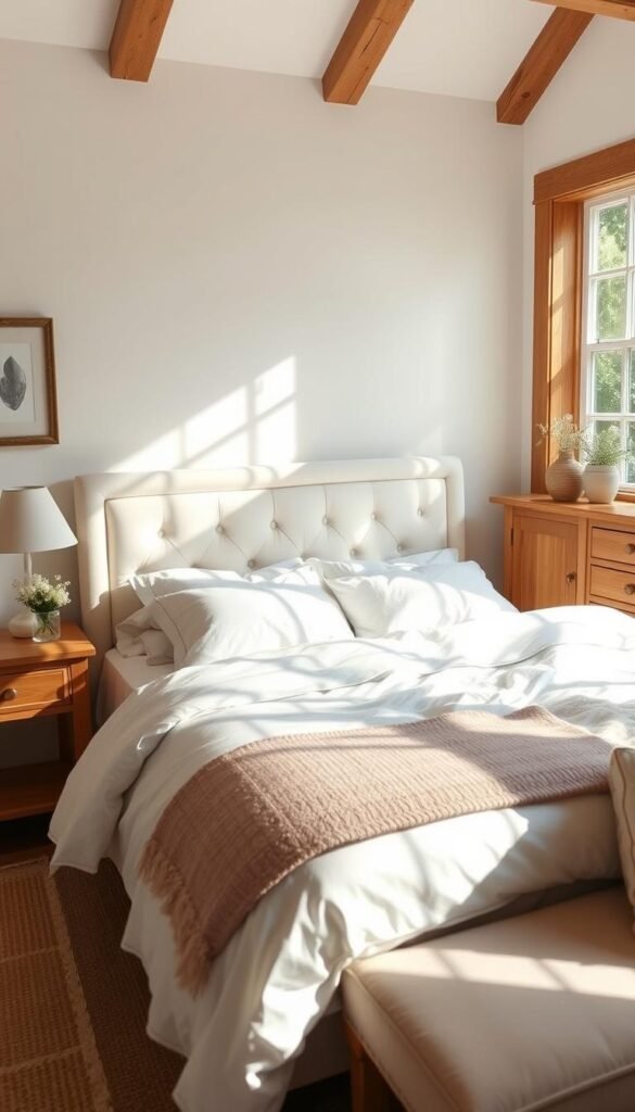 Serene cottage bedroom with soft, pearly-white linens and warm wood accents. Streams of natural light pour in through a large window, casting a cozy glow over the space. A plush, tufted headboard anchors the bed, complemented by solid oak nightstands and a matching dresser. Delicate floral accents and woven textiles add subtle texture. The overall atmosphere is one of tranquility and understated elegance, perfect for a restful retreat. Serene cottage bedroom with soft, pearly-white linens and warm wood accents. Streams of natural light pour in through a large window, casting a cozy glow over the space. A plush, tufted headboard anchors the bed, complemented by solid oak nightstands and a matching dresser. Delicate floral accents and woven textiles add subtle texture. The overall atmosphere is one of tranquility and understated elegance, perfect for a restful retreat.