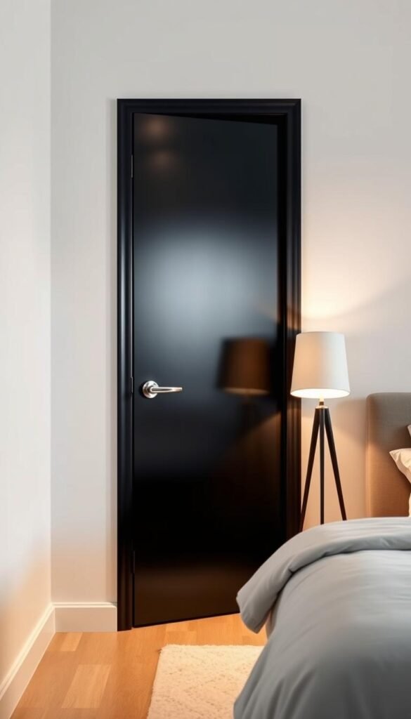 Sleek, modern black interior door with a minimalist design, showcasing a smooth, glossy finish that reflects the soft, warm lighting from a mid-century inspired floor lamp. The door frame is framed by crisp white walls, creating a bold contrast that emphasizes the elegance of the dark hue. The lighting casts subtle shadows, adding depth and dimension to the scene. The entire composition exudes a sense of sophisticated, polished style that would seamlessly blend into a chic, contemporary bedroom setting.
