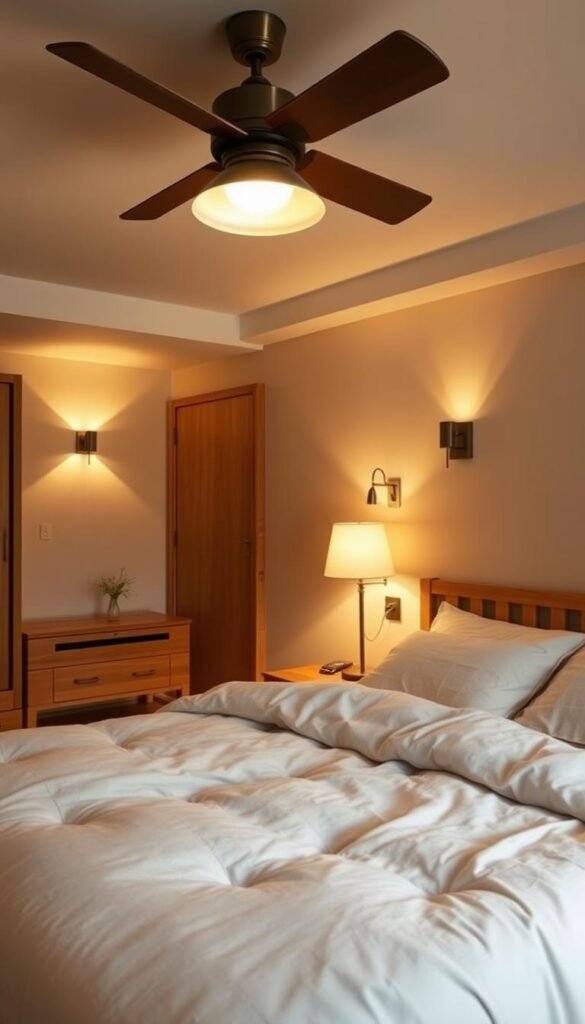 Thoughtful lighting design for an ambient glow: A cozy Japandi-inspired bedroom with soft, diffused illumination from a mix of overhead fixtures, sconces, and a table lamp. The warm, golden hue creates a tranquil atmosphere, gently highlighting the natural textures of the wood furniture and linen bedding. Strategically placed lighting accentuates the minimalist decor, casting subtle shadows and drawing the eye towards the focal points. The overall effect is a serene, harmonious space that invites relaxation and introspection.