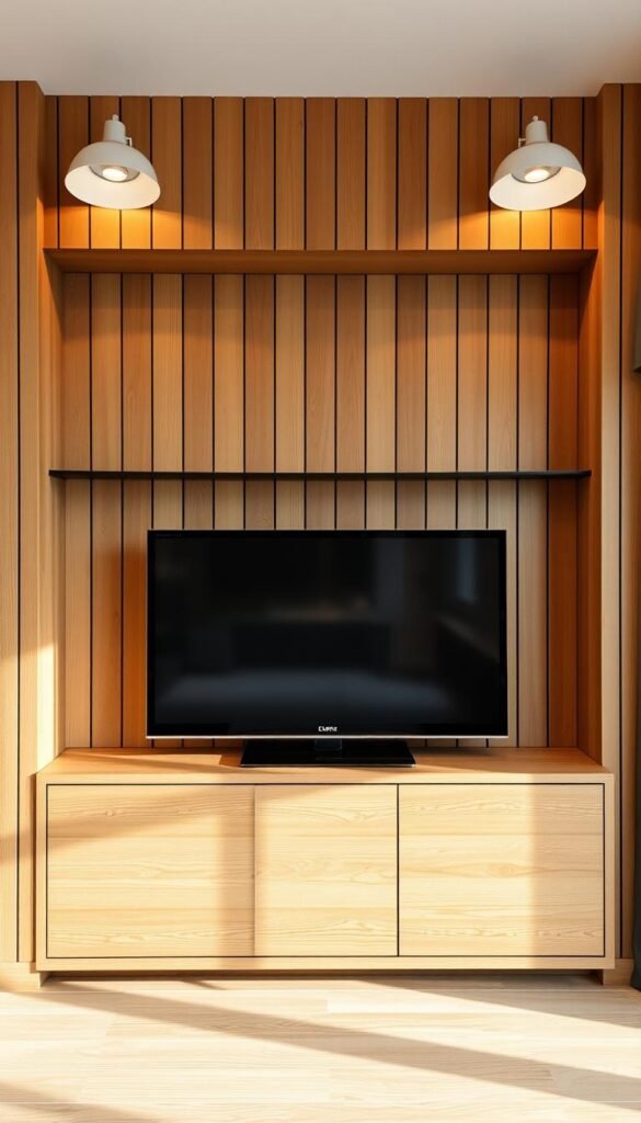 Vertical wood slats bedroom entertainment center, featuring a warm, rustic aesthetic. A focal point in the room, the center is constructed from natural, weathered wood planks arranged in a parallel pattern, creating a visually striking and textured surface. Soft, diffused lighting from sconces above casts a gentle glow, highlighting the wood's grain and lending an inviting, cozy atmosphere. The unit's clean, minimalist design seamlessly integrates a TV, allowing it to blend harmoniously with the room's natural palette. Subtle shadows and highlights accentuate the depth and dimensionality of the wooden slats, conveying a sense of craftsmanship and attention to detail. Vertical wood slats bedroom entertainment center, featuring a warm, rustic aesthetic. A focal point in the room, the center is constructed from natural, weathered wood planks arranged in a parallel pattern, creating a visually striking and textured surface. Soft, diffused lighting from sconces above casts a gentle glow, highlighting the wood's grain and lending an inviting, cozy atmosphere. The unit's clean, minimalist design seamlessly integrates a TV, allowing it to blend harmoniously with the room's natural palette. Subtle shadows and highlights accentuate the depth and dimensionality of the wooden slats, conveying a sense of craftsmanship and attention to detail.