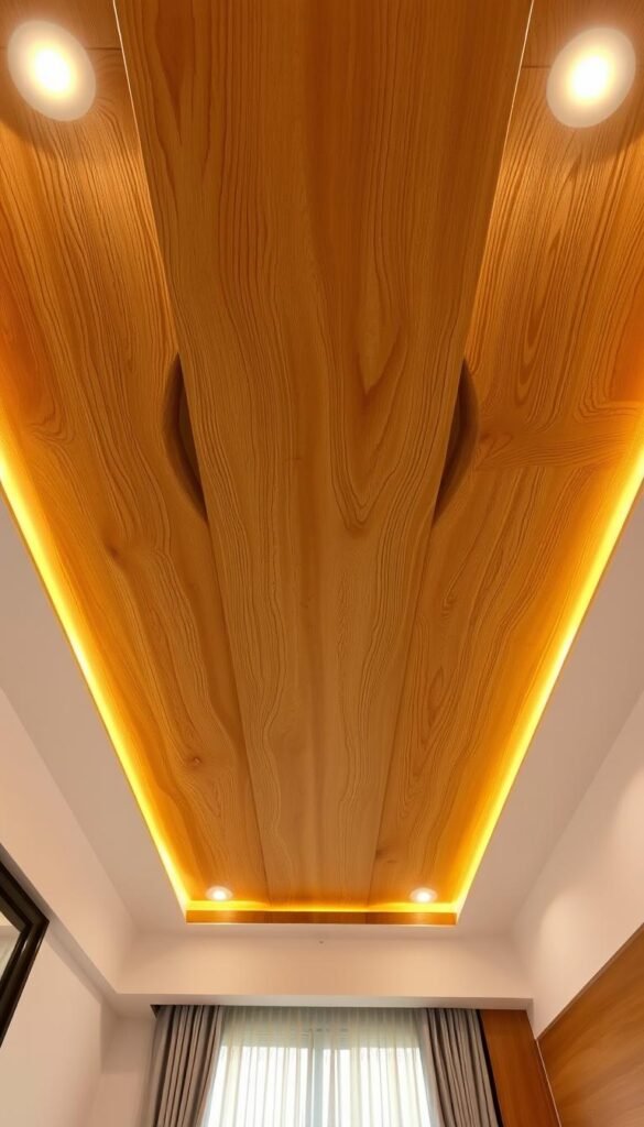 Wooden false ceiling design, showcasing a warm, rustic aesthetic. Intricately carved wooden beams in a natural finish create a cozy, textured focal point. Soft, ambient lighting from recessed LEDs casts a gentle glow, accentuating the wood's natural grain and warmth. The ceiling's design seamlessly integrates with the room's neutral color palette, with hints of earthy tones complementing the wooden accents. A sense of architectural elegance and organic sophistication permeates the space, creating a inviting, comfortable atmosphere ideal for a modern small bedroom.