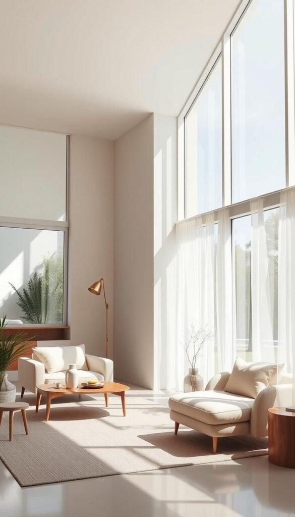 a bright, modern interior with large windows allowing natural light to flood the space, creating a warm and inviting atmosphere. The room features minimalist furniture and decor, with clean lines and neutral tones that complement the natural light. The windows are strategically placed to maximize airflow, creating a sense of openness and connection to the outdoors. Soft, diffused lighting filters through the space, casting gentle shadows and highlighting the textures of the materials used. The overall effect is a serene, harmonious environment that feels calm and rejuvenating.