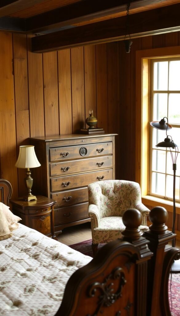 a cozy vintage-inspired bedroom with a warm, inviting atmosphere. in the foreground, an ornate antique wooden bed frame with intricate carvings and a plush quilt. on the bedside tables, vintage lamps with delicate glass shades and aged metal bases. in the middle ground, a weathered wooden dresser with brass hardware, alongside a tufted armchair upholstered in a floral pattern. the walls are paneled in rustic wood, with a large window allowing soft, natural light to filter in. in the background, a wrought-iron floor lamp and a faded Persian rug complete the charming, timeless scene. the overall mood is one of quiet elegance and timeless allure.