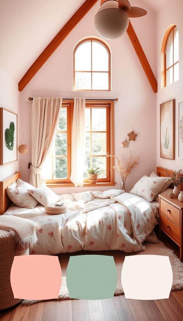 a cozy, well-lit teen girl bedroom showcasing a selection of color palette options, featuring a soft, pastel-toned room with natural light streaming in through large windows. Warm wooden furniture and accents create a inviting, comfortable atmosphere. Delicate floral or abstract patterns adorn bedding, curtains, and wall decor, complementing the color scheme. Textured throw pillows and plush rugs add depth and coziness. The overall aesthetic conveys a sense of calm, creativity, and youthful vibrancy, reflecting the personality and style preferences of the room's imagined occupant.