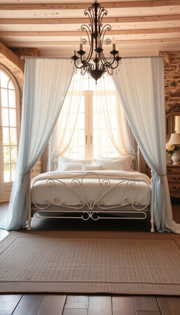 a dreamy, elegant french country bedroom with a beautifully styled bed as the focal point. the bed has a white wrought iron frame with delicate curves, adorned with soft, ivory linen bedding and plush pillows. sheer, flowing curtains in a pale blue hue frame the bed, creating a serene, romantic ambiance. the room is bathed in warm, golden natural light filtering through large windows, casting a cozy glow. the walls feature exposed stone or whitewashed wood paneling, complemented by a vintage, distressed wooden dresser and nightstands. a classic, hand-woven area rug in muted tones anchors the space, while a rustic chandelier casts a gentle illumination overhead. the overall scene evokes a sense of timeless, understated sophistication.