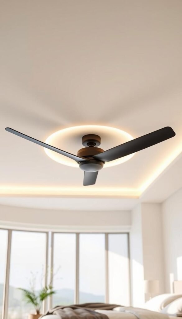 a high-quality, highly detailed, photorealistic rendering of a low profile flush mount ceiling fan in a modern, minimalist bedroom. The fan is mounted flush against the ceiling, with a sleek, streamlined design and minimal visual profile. The blades are thin and aerodynamic, with a matte black finish that blends seamlessly into the white ceiling. The lighting is soft and ambient, creating a calming, relaxing atmosphere. The room is spacious and airy, with large windows allowing natural light to filter in. The overall mood is serene and sophisticated, showcasing the fan's unobtrusive yet functional design.